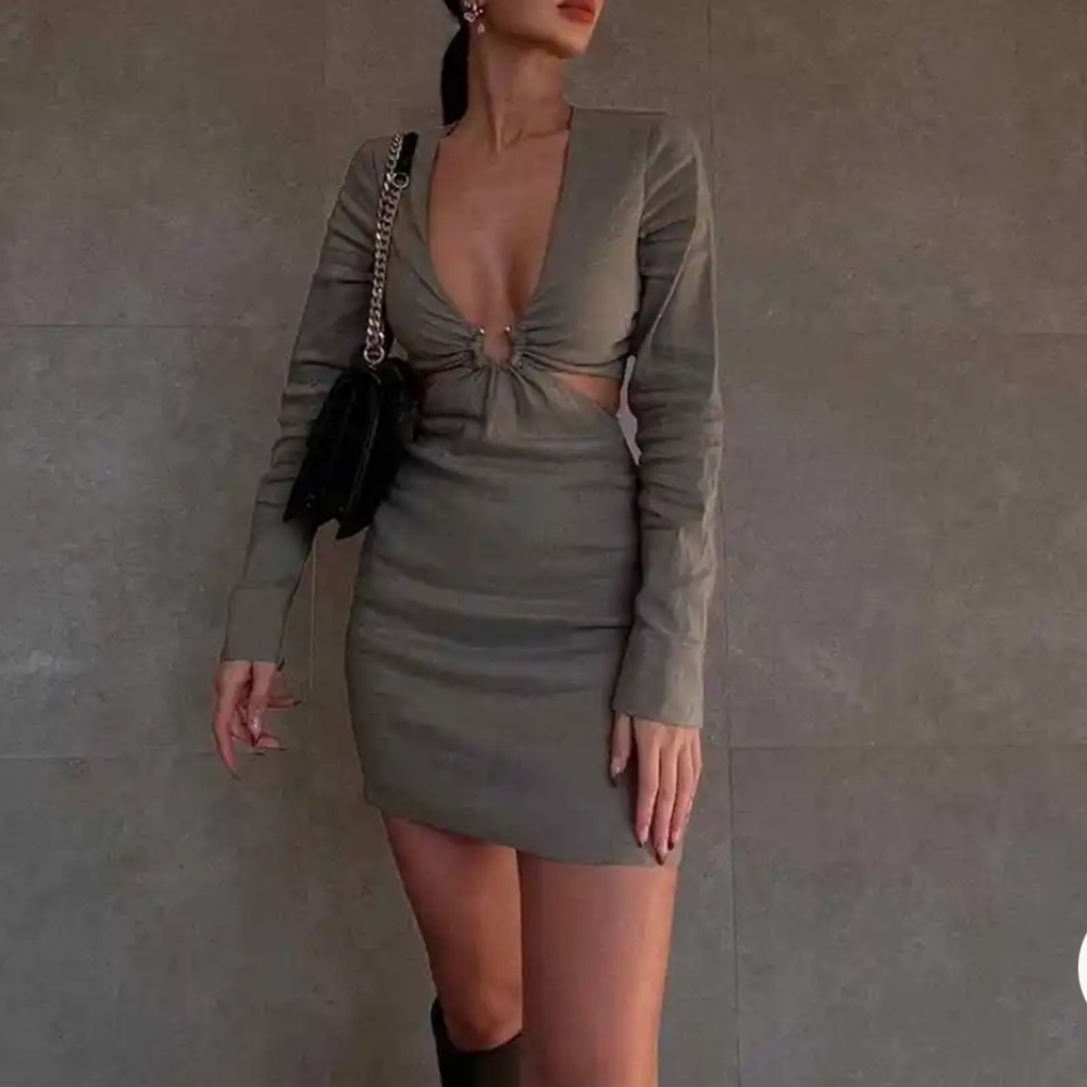 Zara Khaki Stretchy Linen Shirt Dress